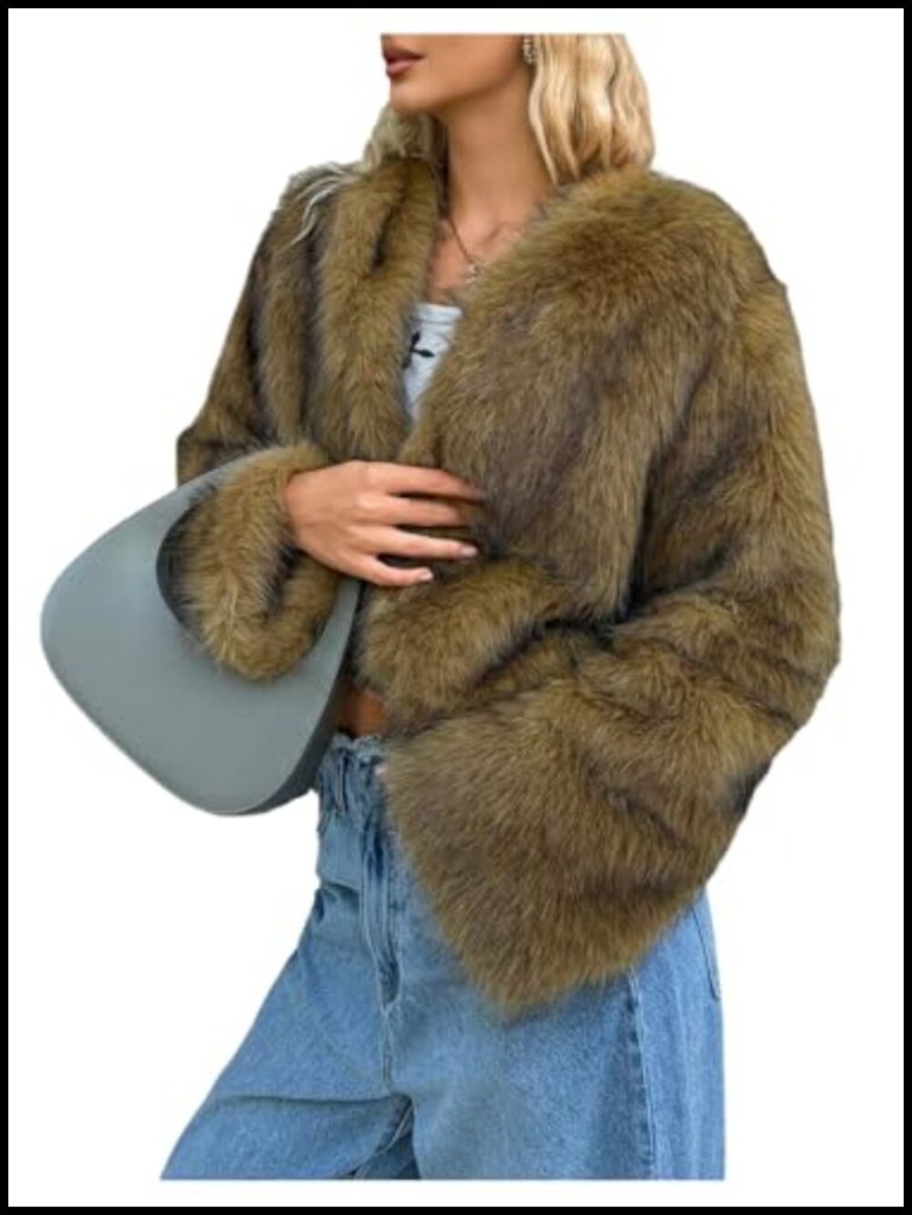 Women's Faux Fur Cropped Coat Open Front Long Sleeve Fuzzy Jacket